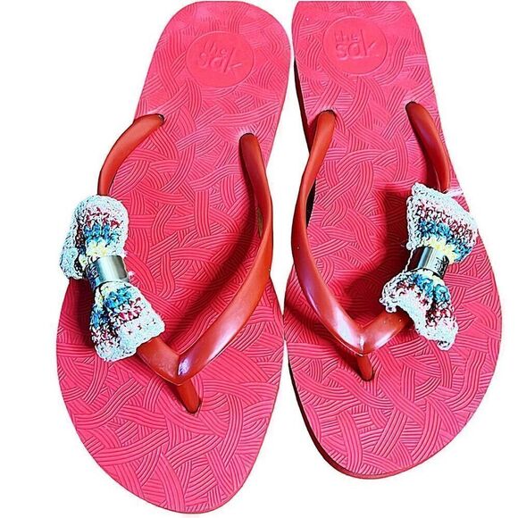 The Sak Flip Flops Red Crochet Bow Size 8 Flat Sandals - Picture 7 of 7